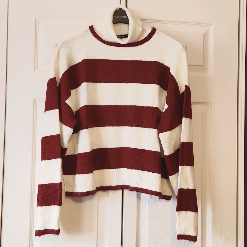 NWT New York & Company Maroon & Cream Striped Turtleneck Sweater - XL